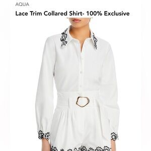 Aqua NWT exclusive to Bloomingdale’s white button up top with lace trim